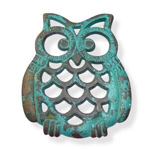 Vintage Trivit Cast Iron Owl Turquoise Teal Rustic Cottagecore Wise 7 X 6 Whimsi